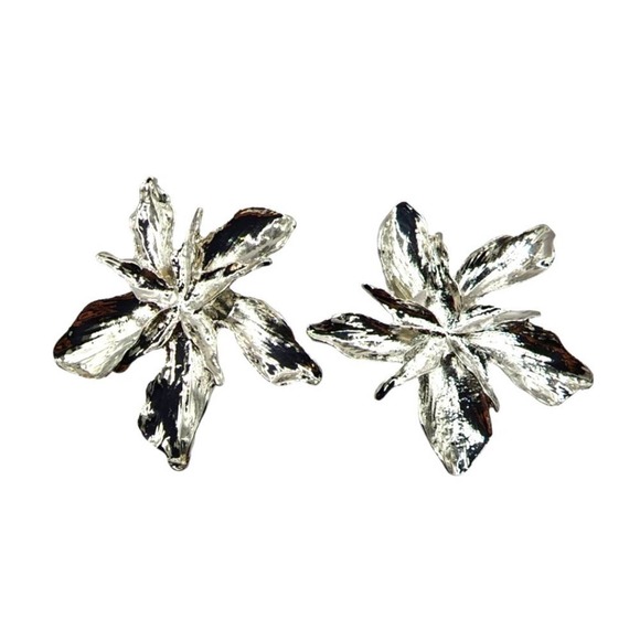 Boheme Jewelry - Ara Silver Metal Textured Floral Earrings Large Modern Ear Jewelry